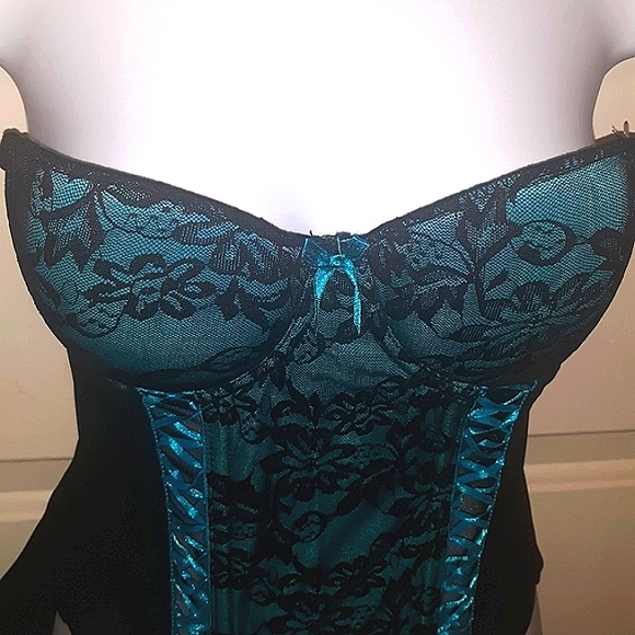 ☆Brand NEW☆Sexy Lace Push-Up Teal Blue & Black Bustier/G-String/Corset Set-Small - Picture 7 of 16